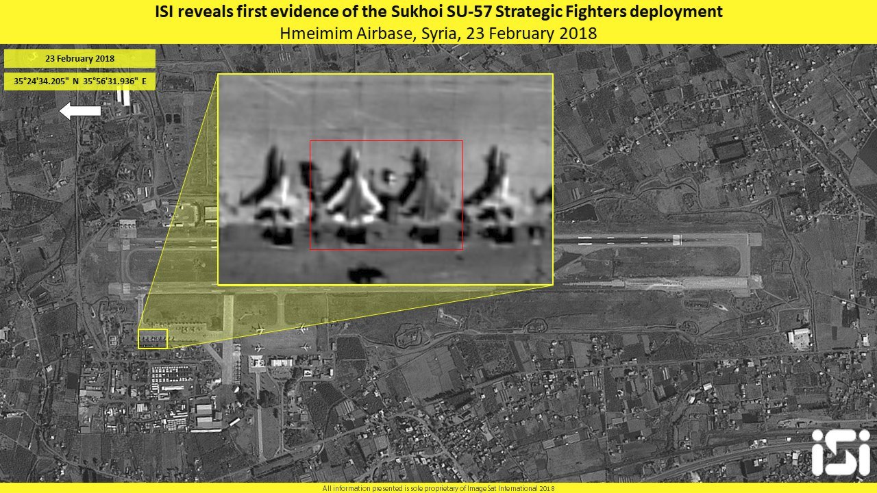 Satelitski snimak na kojem se vide dva Su-57 u bazi Hmejmim u Siriji (Foto: ISI)